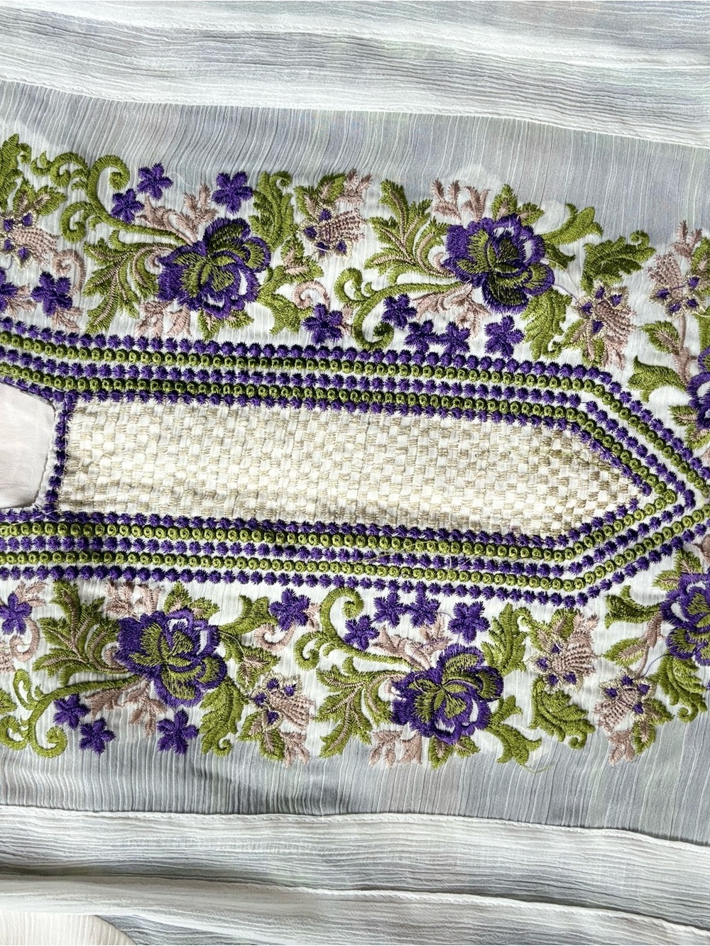 White Maxi Dress plaid Green Lining Purple Embroidery Whimsical Fairycore - Picture 4 of 5